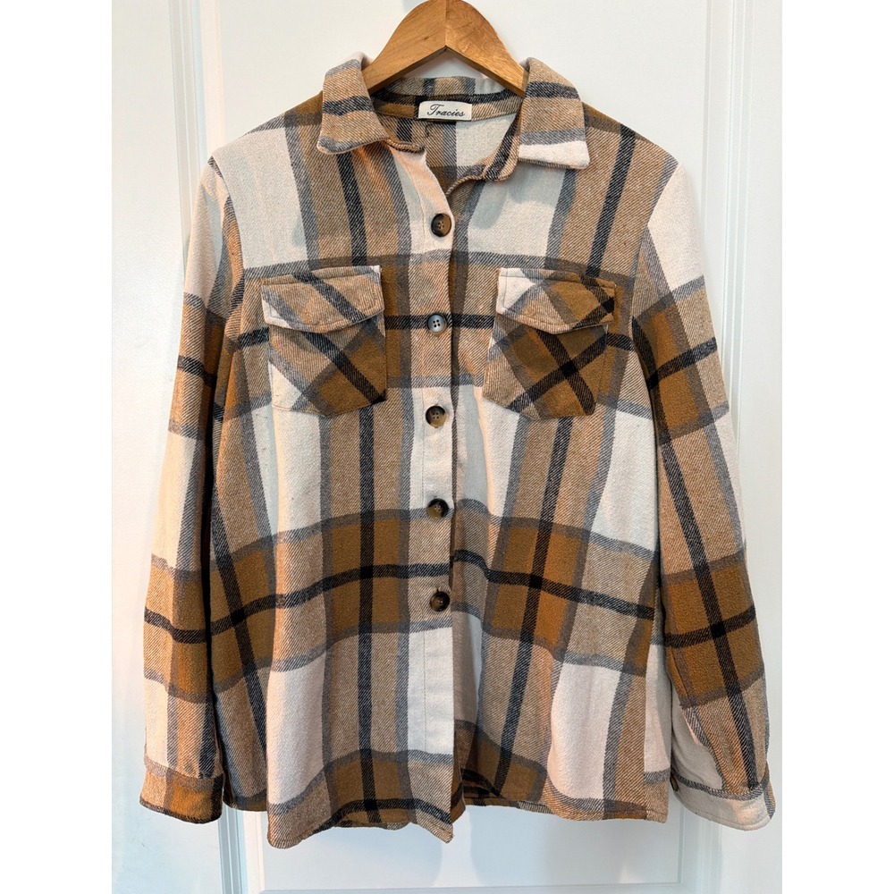Tracies Tan Brown Plaid Button Down Shacket Flannel Shirt Jacket Large